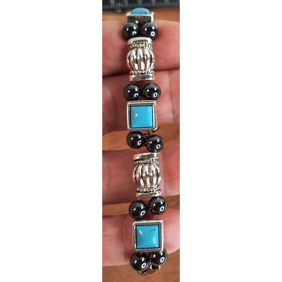 Magnetic Stretch Bracelet Silver Tone, Hematite,‎ Teal Cabochons - Picture 1 of 7